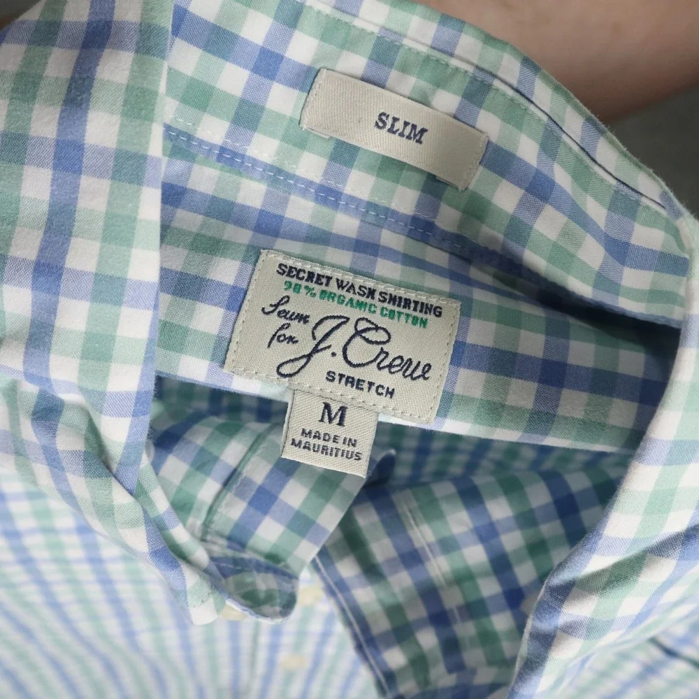 J.Crew Secret Wash Organic Cotton Blue Green Gingham Shirt M Slim Fit‎